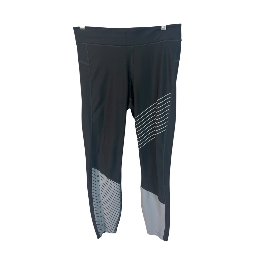 Under Armour Womens HeatGear Compression Leggings Gray Silver Logo Gym Size M
